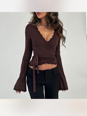 Venderbys Brown Lace-Trim Tie-Front Cardigan